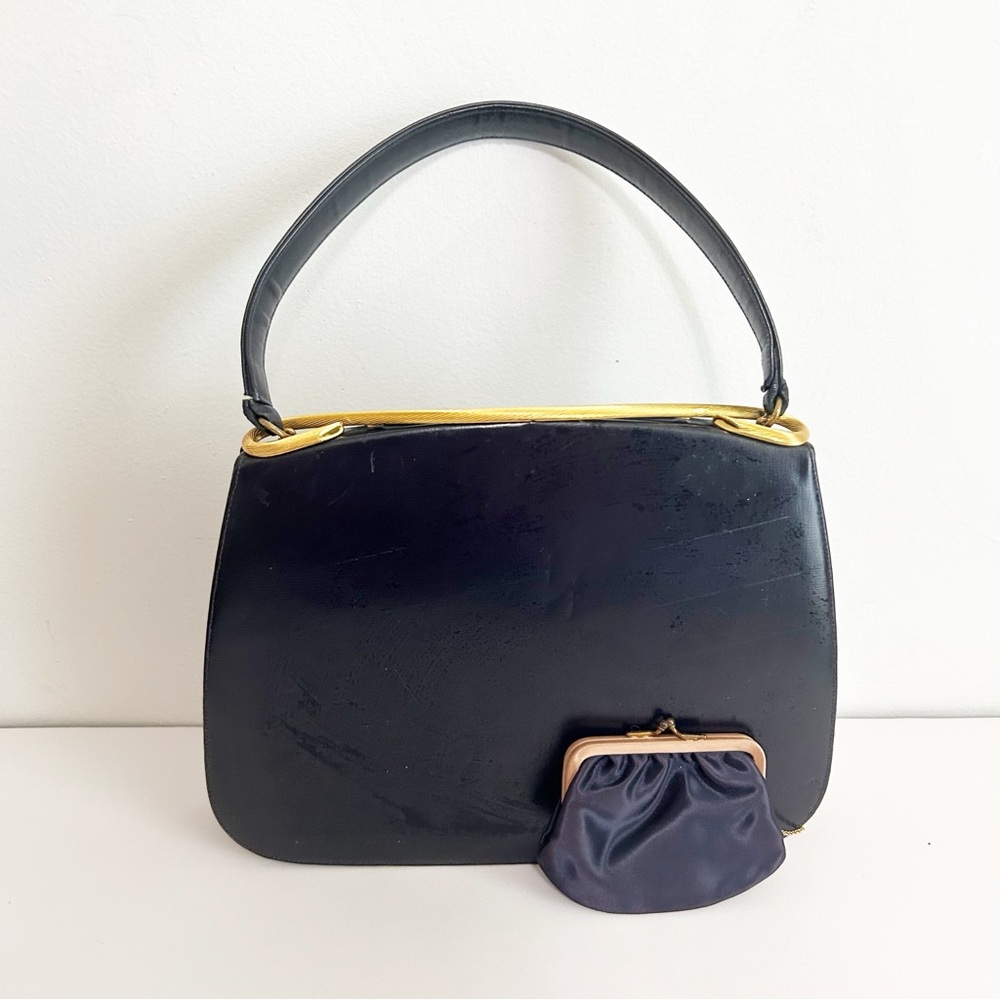 Vintage | Bags by Dorian | Navy Blue Kiss Lock Lady Handbag Attached Coin Purse